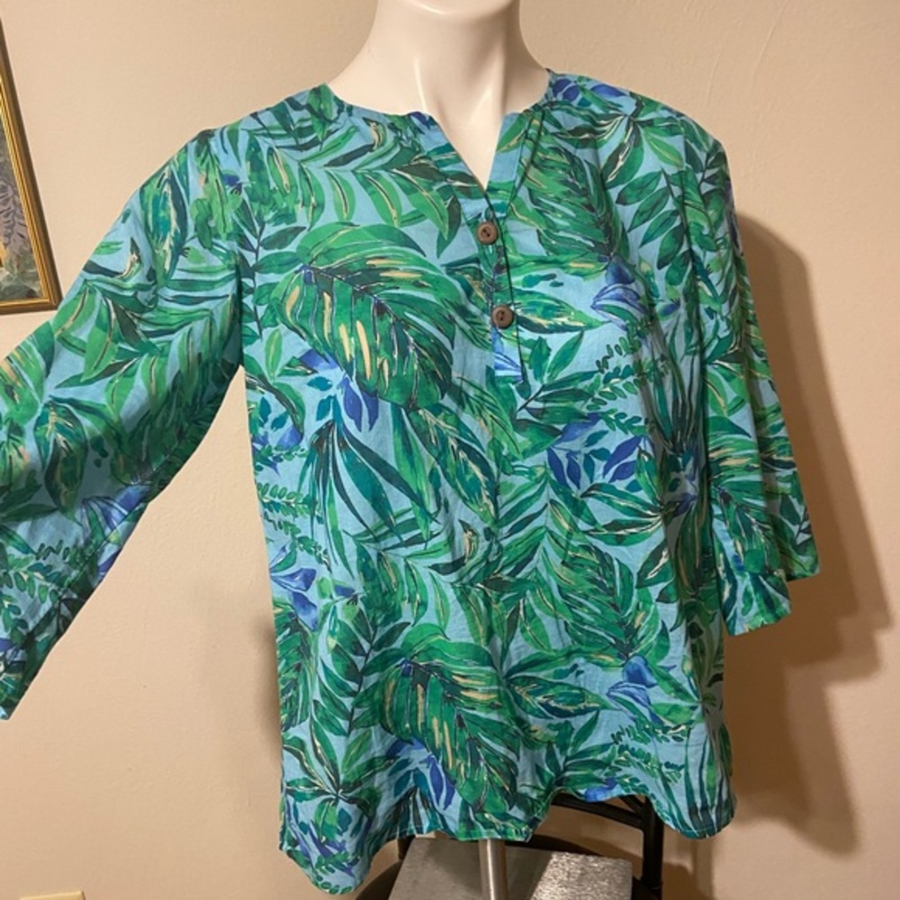 Light Blue Green Leaf Print Women’s Blouse